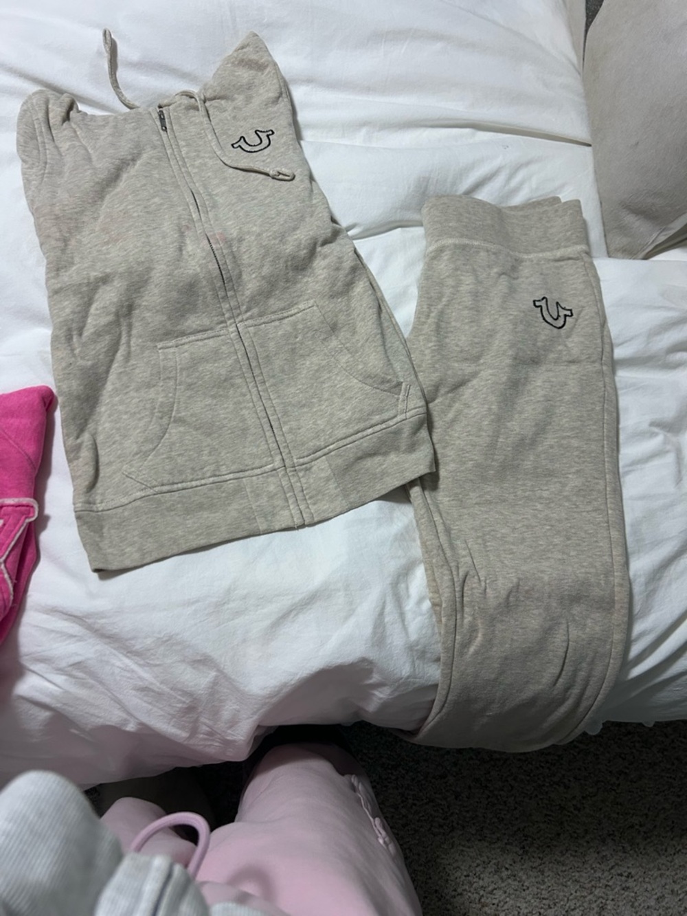 True Religion Light Beige Hooded Sweatshirt & Joggers Set